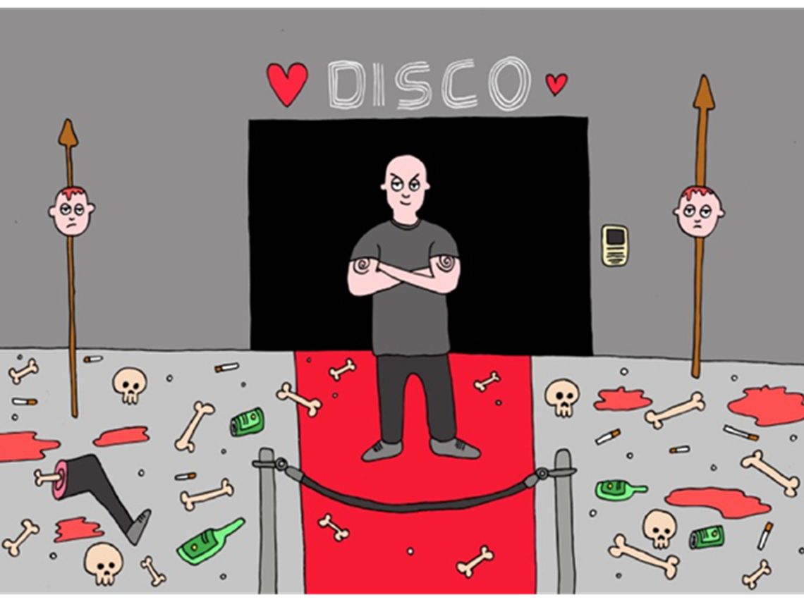 cartoon of bouncer at a door with bones on the floor surrounding him