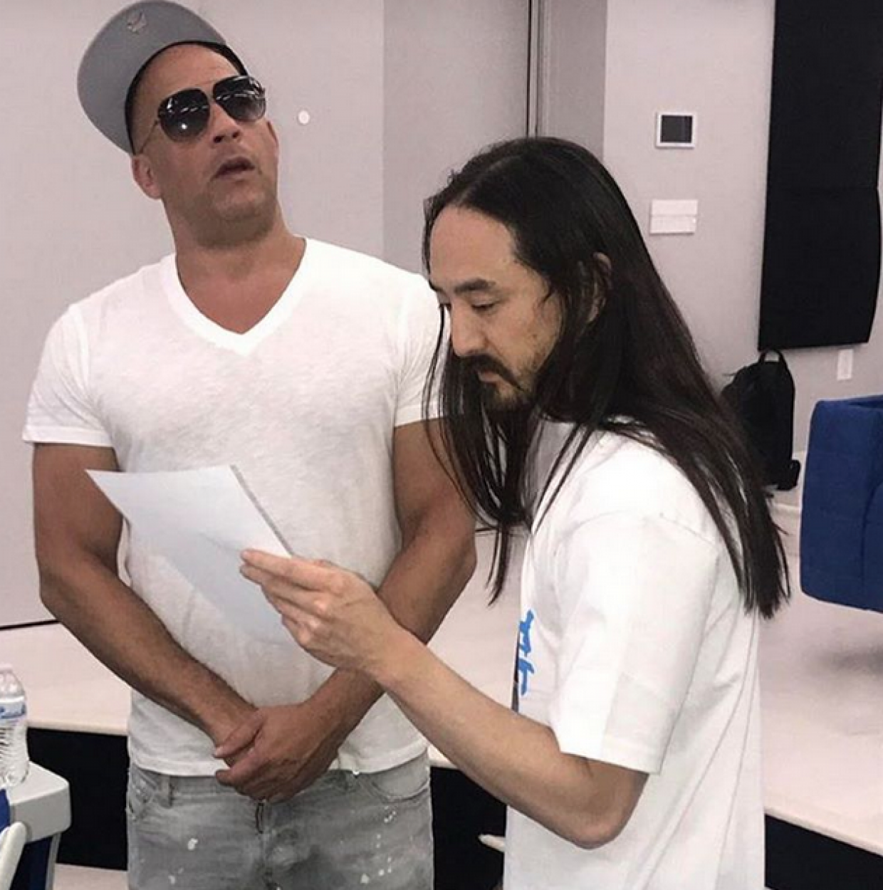 Vin Diesel and Steve Aoki working on an EDM track